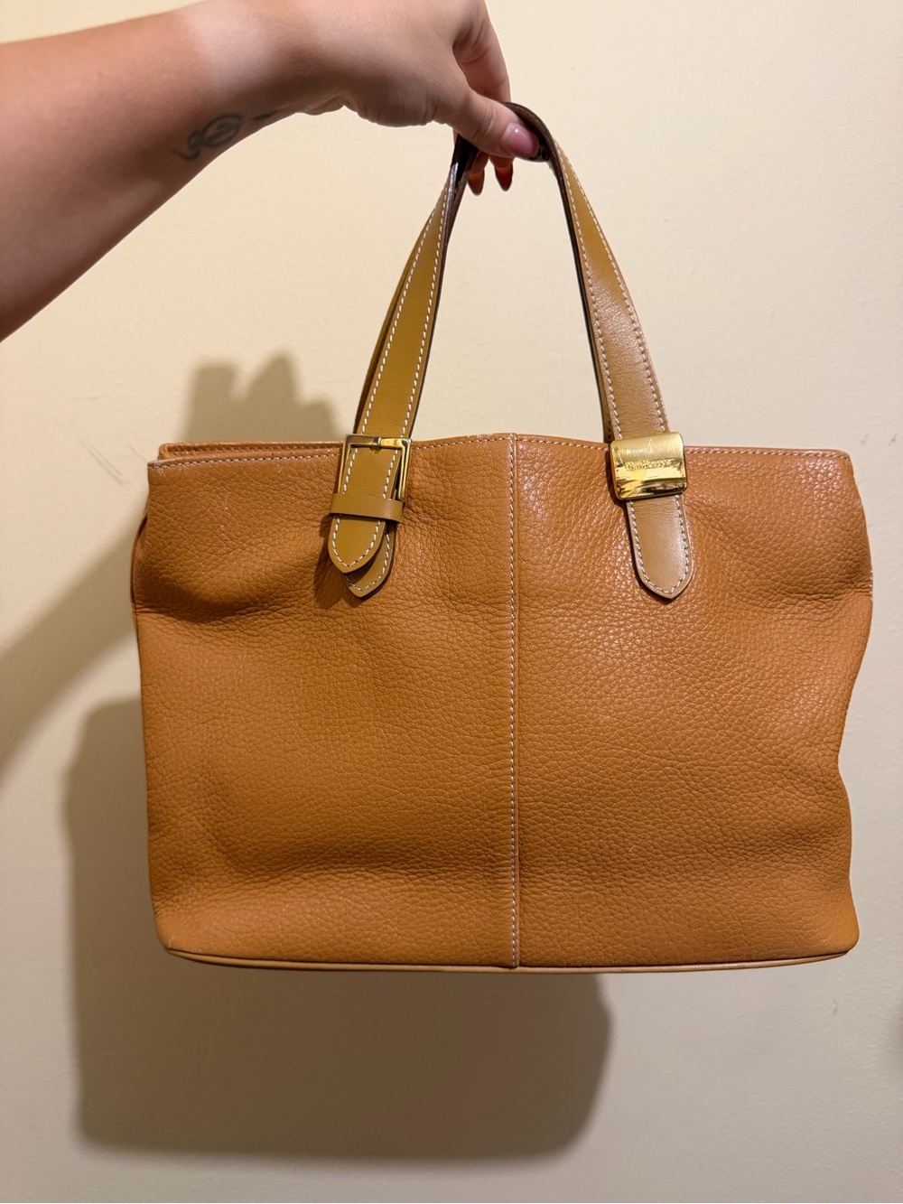 Vintage Burberry Tan Pebbled Leather Tote with Gold Hardware